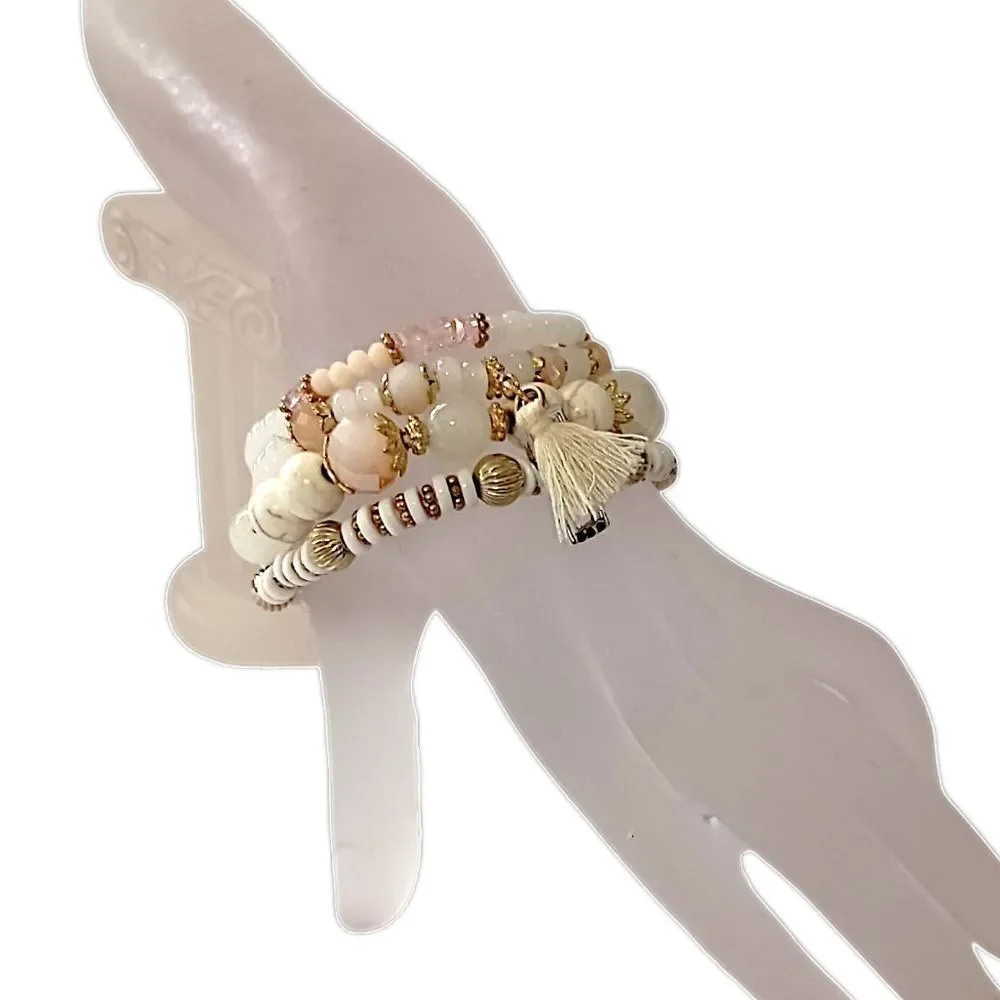 Glass Beaded Stacked Bracelet Rows Beads‎ Floral Neutrals Y2K Boho Fairy Indie